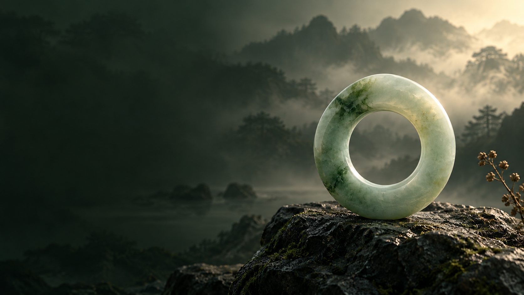 A translucent green jade disc on a wet rock, mountains behind it in mist